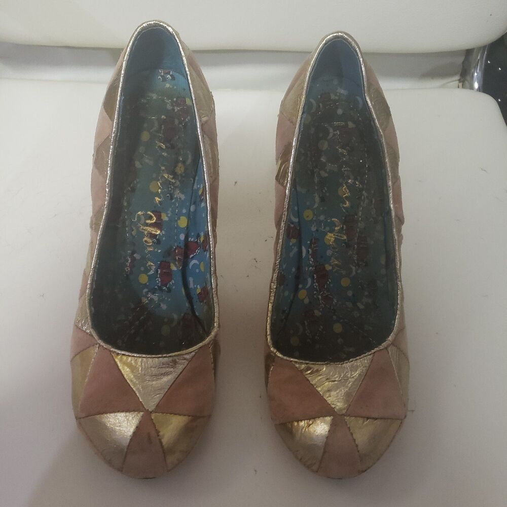 Irregular Choice Chunky Platform Heels beige suede and gold Lamé Size 37 Preown